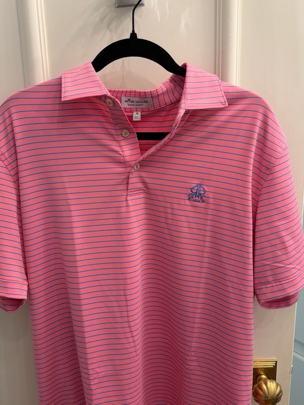 Peter Millar Pink Polo with Thin Blue Stripes